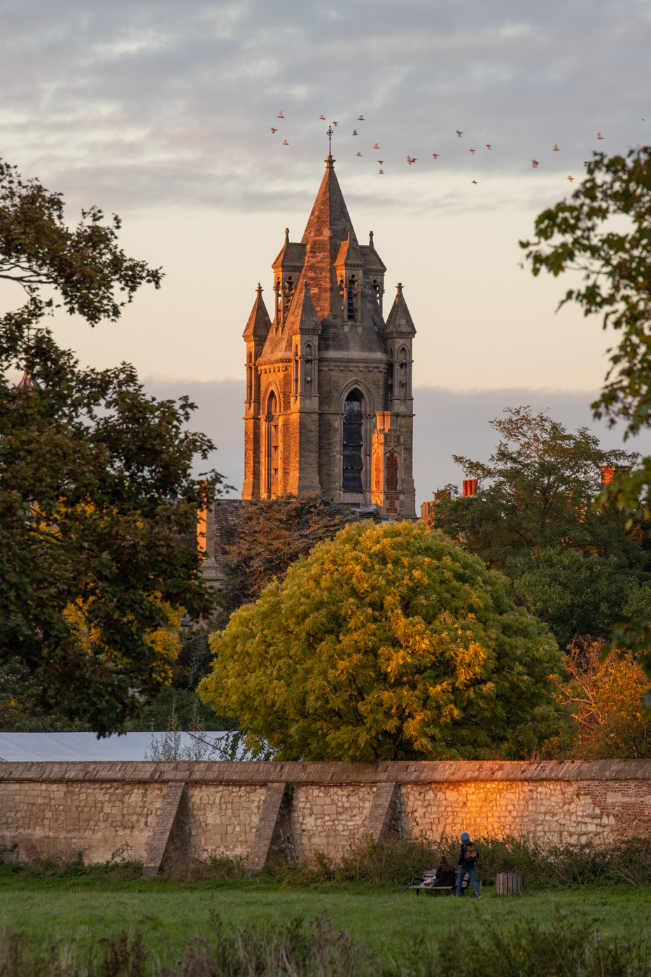 The sun sets on the back of Peterhouse and the URC spire, October 2021.